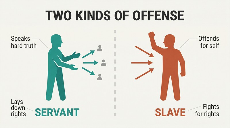 Split panel contrasting a figure with open hands directing truth outward toward others against a figure with a clenched fist pointing inward to defend personal rights.