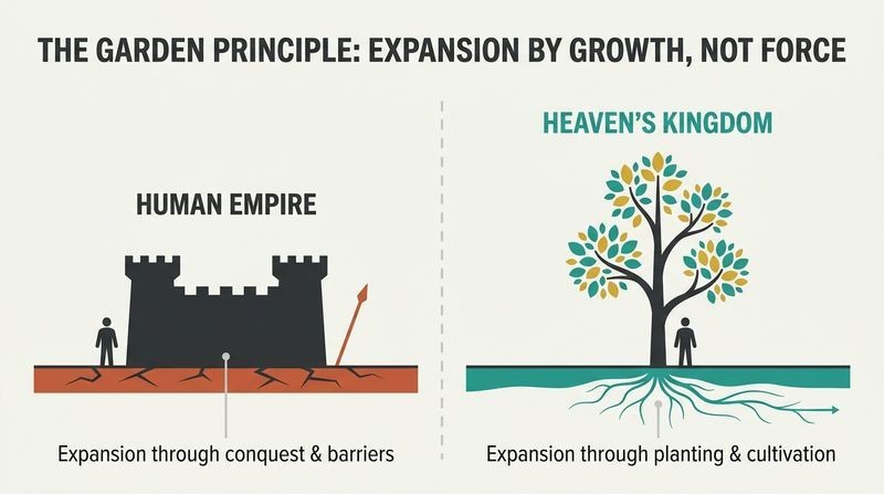 Split panel diagram contrasting a human empire expanding through fortress walls and weapons with Heaven's kingdom expanding through a growing tree and spreading roots.