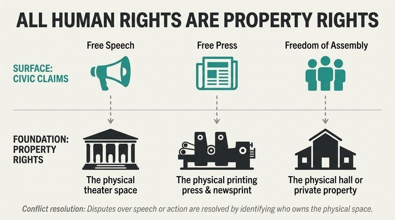 Layered diagram showing how abstract civil liberties like free speech, press, and assembly are supported by physical property ownership.
