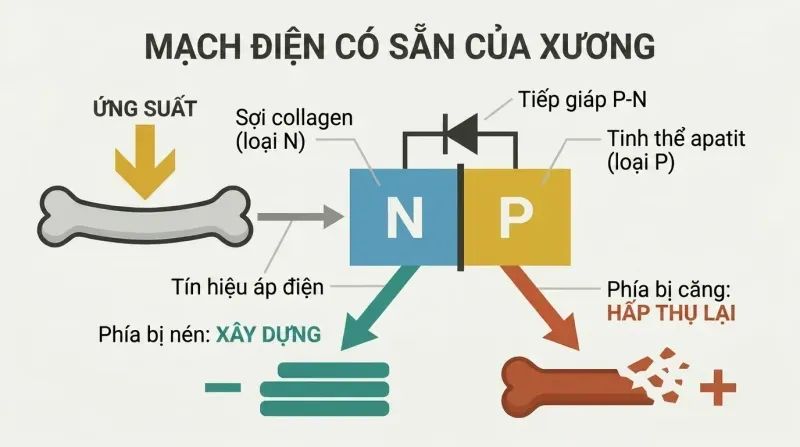 Circuit-style flow diagram showing how bone's collagen and apatite form a PN junction that converts mechanical stress into growth and resorption signals.