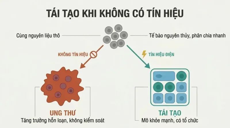 Fork diagram showing dedifferentiated cells diverging into chaotic cancer without an electrical signal or into organized healthy tissue with one.