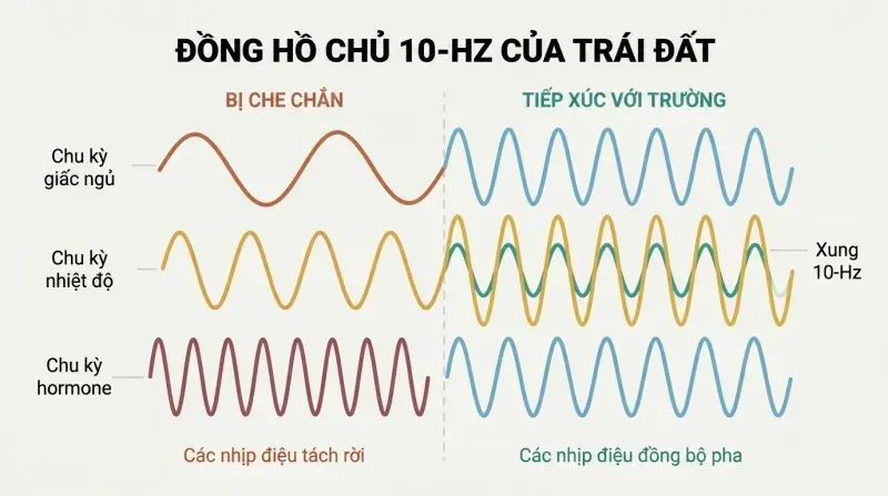 Split panel comparing three desynchronized biological wave patterns on the left with three aligned wave patterns locked to a central 10-Hz pulse on the right.