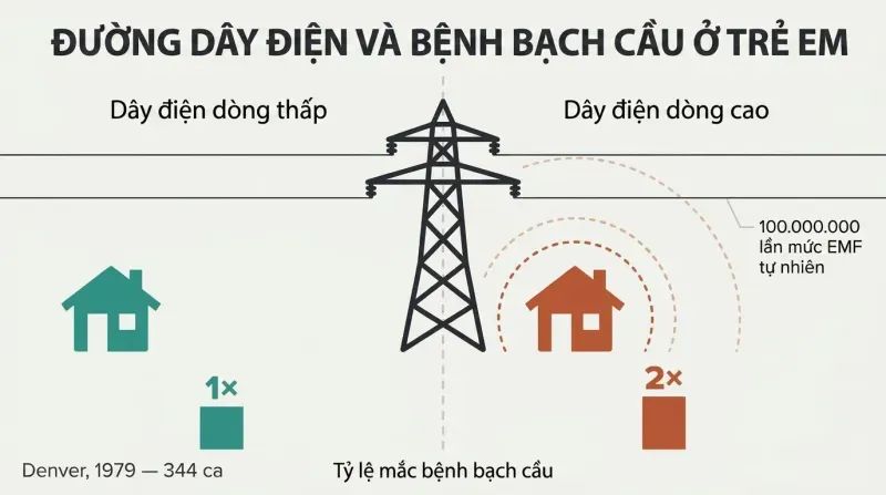 Split comparison showing homes far from power lines with a baseline leukemia rate bar versus homes near a transmission tower with a bar twice as tall.