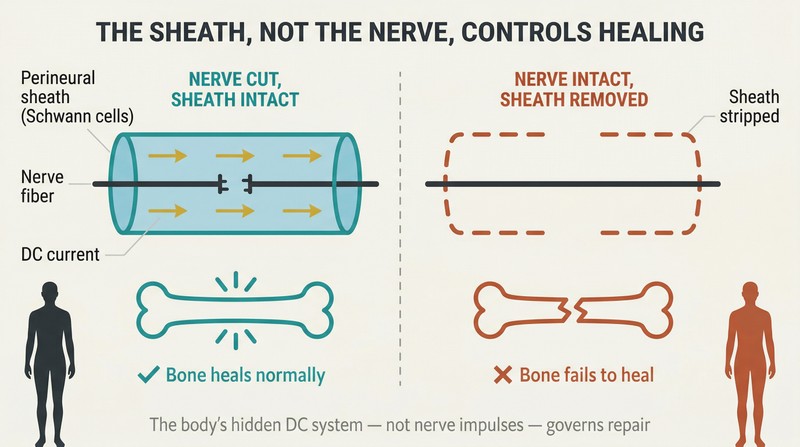 Split panel comparing two nerve cross-sections showing that an intact perineural sheath without nerve fibers enables healing while intact nerve fibers without a sheath cannot heal bone.