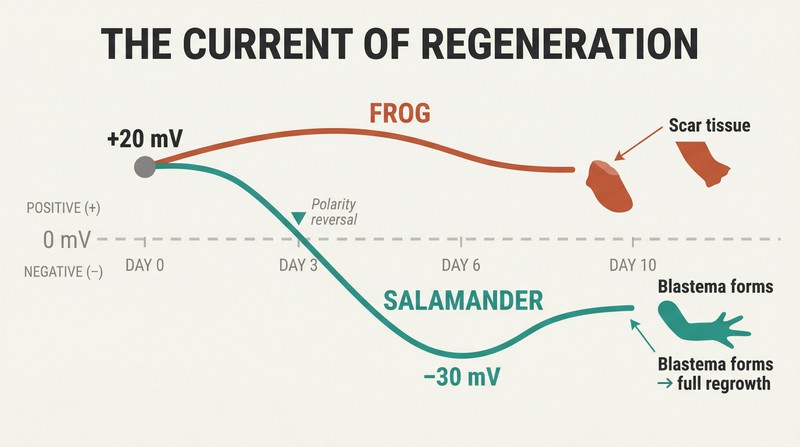 Two diverging voltage curves over time showing frog wound current staying positive leading to a scar while salamander current reverses negative triggering limb regrowth.