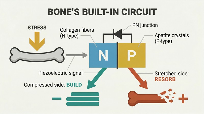 Circuit-style flow diagram showing how bone's collagen and apatite form a PN junction that converts mechanical stress into growth and resorption signals.