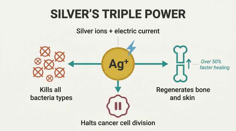 Hub-and-spoke diagram showing electrically charged silver ions at center radiating to three effects: killing bacteria, regenerating tissue, and halting cancer cell growth.