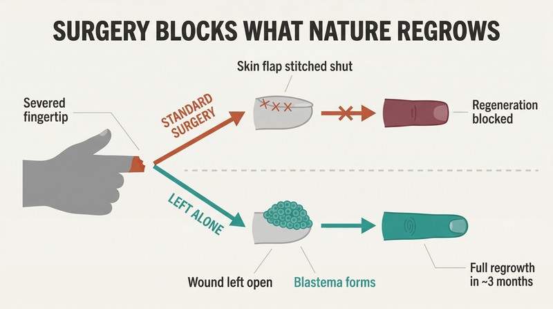 Fork diagram showing a severed fingertip diverging into two paths: surgical stitching leads to permanent loss while leaving the wound open leads to full regeneration.
