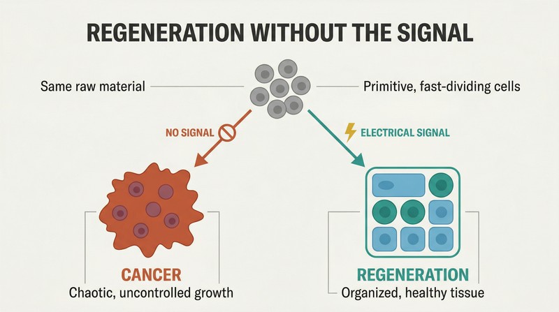 Fork diagram showing dedifferentiated cells diverging into chaotic cancer without an electrical signal or into organized healthy tissue with one.