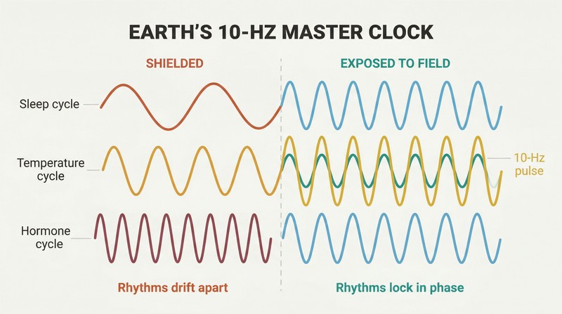Split panel comparing three desynchronized biological wave patterns on the left with three aligned wave patterns locked to a central 10-Hz pulse on the right.