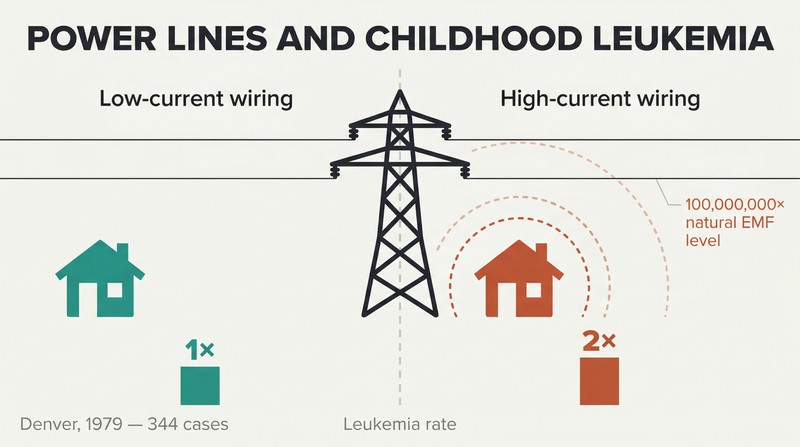 Split comparison showing homes far from power lines with a baseline leukemia rate bar versus homes near a transmission tower with a bar twice as tall.