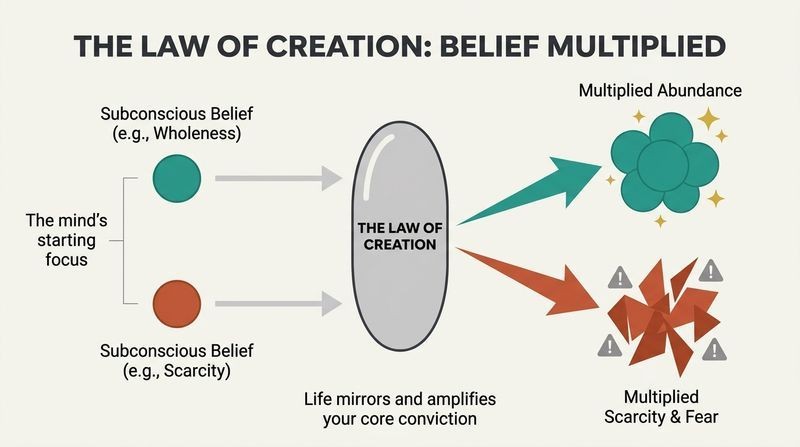 Dual-track diagram showing small conscious beliefs passing through a central lens and magnifying into large, multiplied realities.