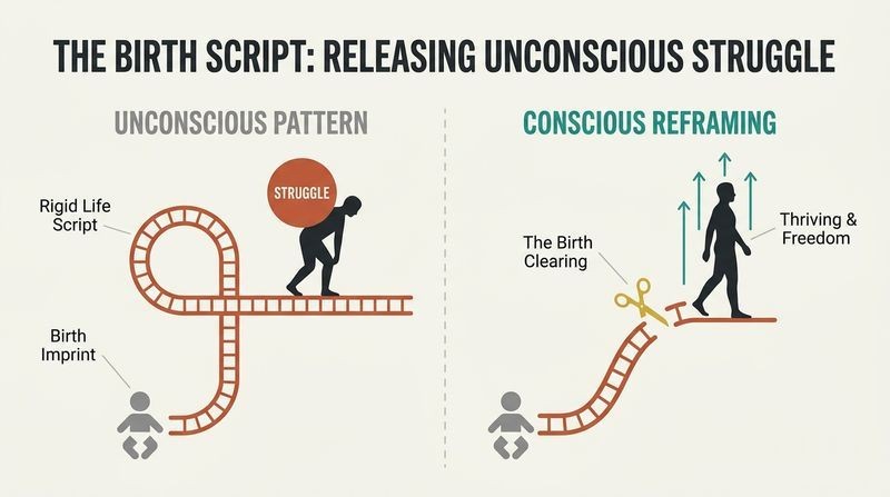 Split panel diagram showing how an unconscious birth imprint traps a person in a rigid track of lifelong struggle, while a birth clearing cuts the track to enable freedom and conscious thriving.