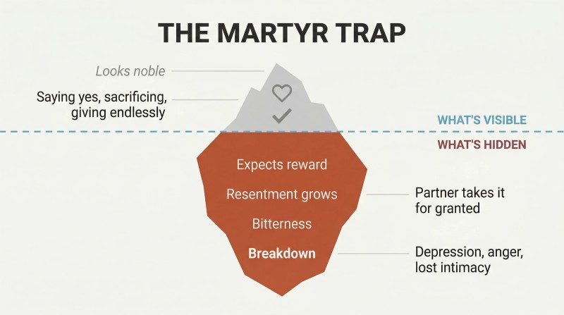 Iceberg diagram showing selfless giving as the small visible tip above a waterline, with hidden expectations, growing resentment, and relationship breakdown as the massive submerged mass below.