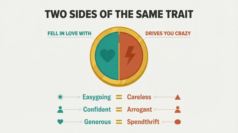 A gold coin split between a love side and frustration side, with paired traits showing how the same quality both attracts and annoys.
