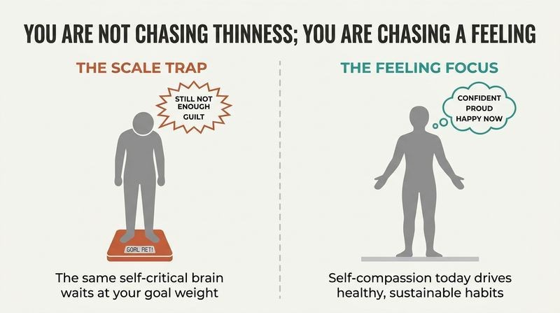 Split panel comparison showing how chasing a scale weight leads to persistent self-criticism, while practicing self-compassion today builds immediate confidence and lasting health.