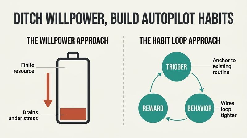 Split panel diagram comparing a rapidly draining willpower battery in red with a self-reinforcing, autopilot habit loop in teal.