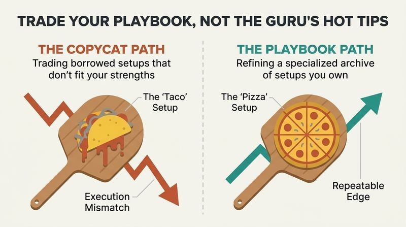 Split diagram comparing a mismatched trader serving tacos from a pizzeria versus a specialized trader serving perfect pizza.