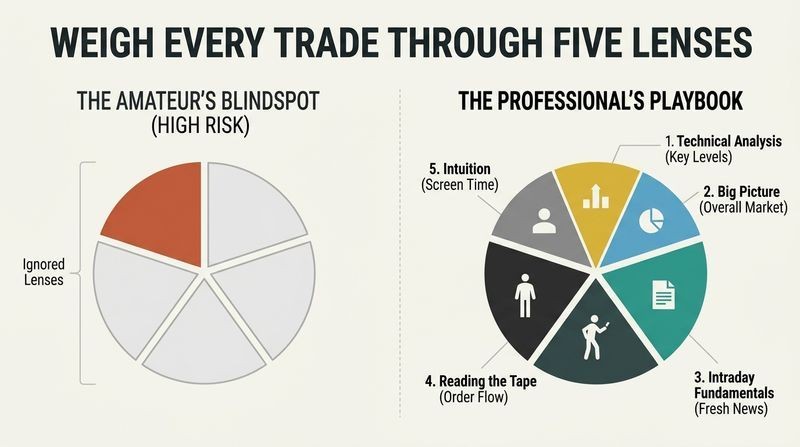 Split-panel diagram contrasting an amateur's trade decision circle, which only evaluates technical analysis, with a professional's trade decision circle, which completely evaluates all five critical market lenses.