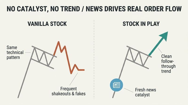 Split-panel diagram contrasting a technical chart pattern failing on a vanilla stock versus succeeding cleanly on a Stock In Play with a news catalyst.