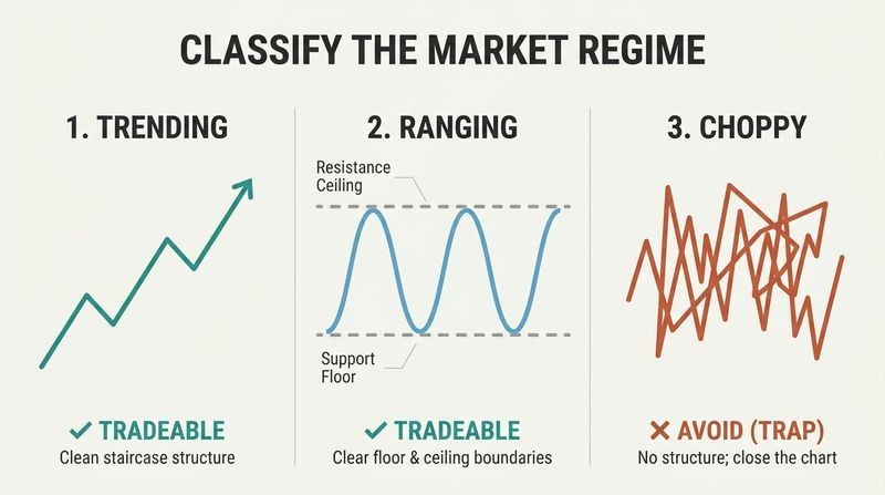 A three-panel comparison chart illustrating trending, ranging, and choppy market structures, highlighting choppy markets as a trap to be avoided.