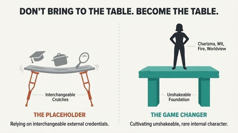 Split diagram comparing a flimsy table supported by crutches of external assets to a solid, monolithic table built on internal intangibles.