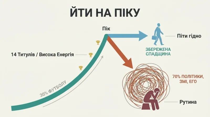 Trajectory chart showing a career success curve peaking, then branching into a clean teal path of walking away versus a plunging terracotta path into a chaotic vortex of exhaustion.