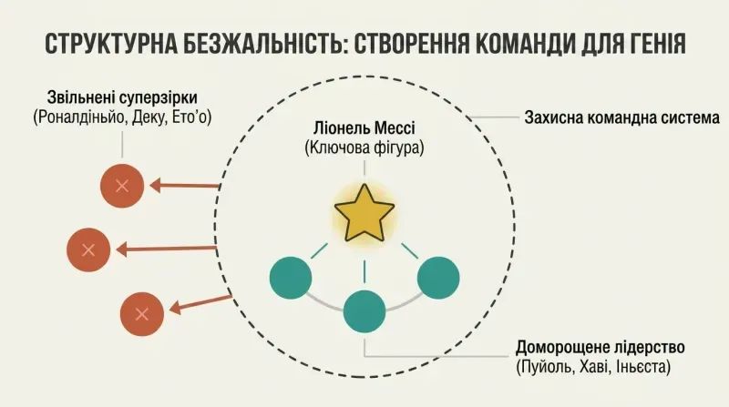 Diagram showing three star players ejected from a team system boundary to protect and elevate a single central genius supported by home-grown leaders.