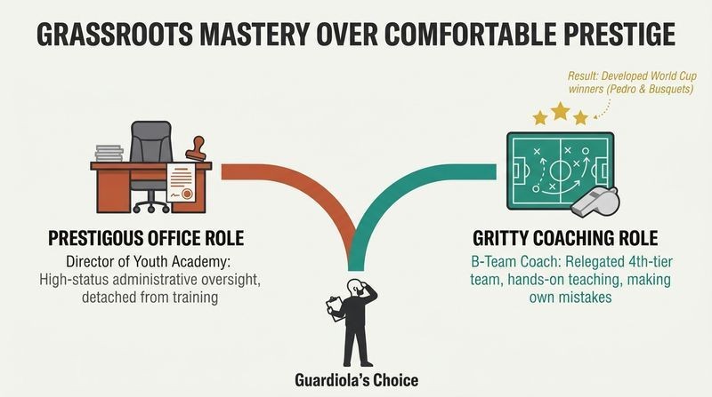 Fork diagram showing Guardiola at a crossroads, turning down a prestigious administrative desk role to choose a gritty, hands-on youth coaching role that leads to future world-class success.