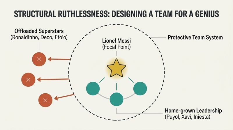 Diagram showing three star players ejected from a team system boundary to protect and elevate a single central genius supported by home-grown leaders.