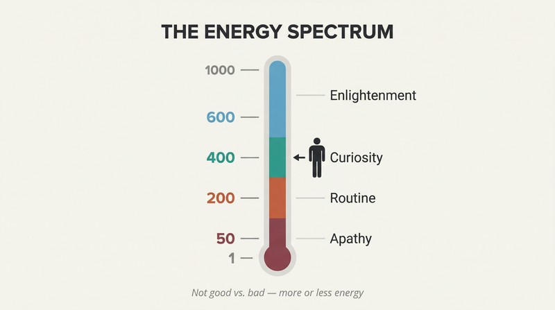 Vertical thermometer-style scale from 1 to 1000 with four labeled energy levels rising from apathy through routine and curiosity to enlightenment.