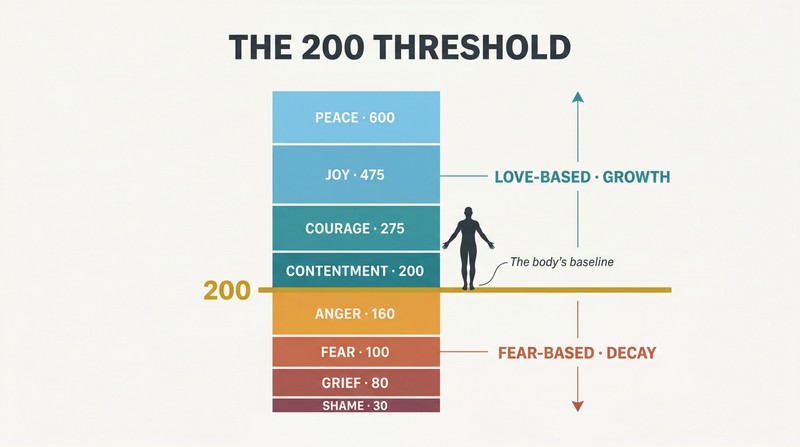 Vertical energy scale divided at level 200, with fear-based states descending below in warm tones and growth-based states ascending above in cool tones, and a human silhouette balanced at the dividing line.