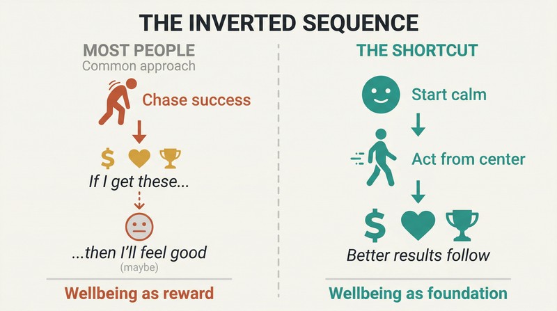 Split panel comparing two vertical flows: the common approach of chasing success to earn wellbeing versus starting from wellbeing to produce better action and results.