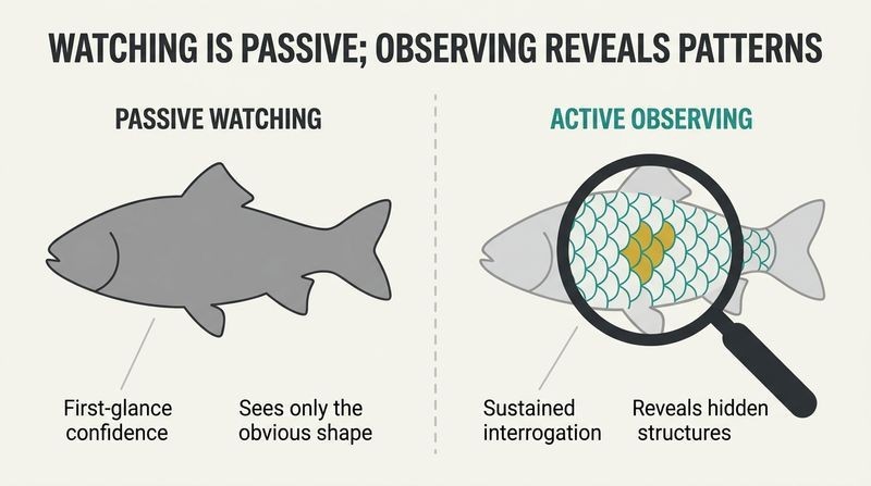 A split-panel diagram contrasting passive watching (showing a plain, gray fish silhouette) with active observing (showing the same fish under a magnifying glass, revealing intricate, gold-highlighted scale structures).