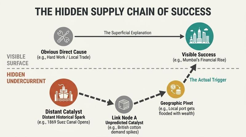 Split-level diagram showing how visible modern success relies on a deep, hidden chain of seemingly unrelated distant historical events rather than just obvious direct causes.