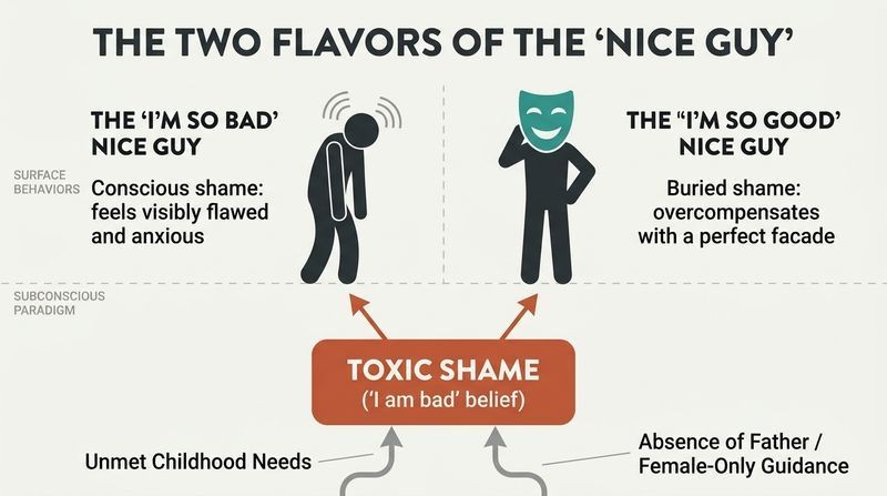 An iceberg diagram showing how both the openly insecure and the overly perfect people-pleaser share the exact same subsurface root of childhood toxic shame.