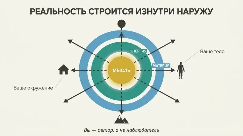 Three concentric circles radiating outward from a glowing core of consciousness through electromagnetic energy to physical matter, showing how thoughts project into form.