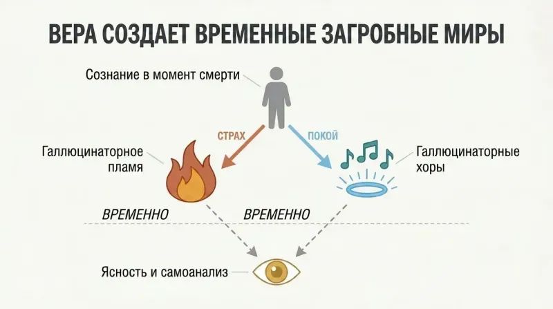 Diamond-shaped diagram showing consciousness at death forking into two belief-driven hallucinations that both dissolve into the same state of clarity.