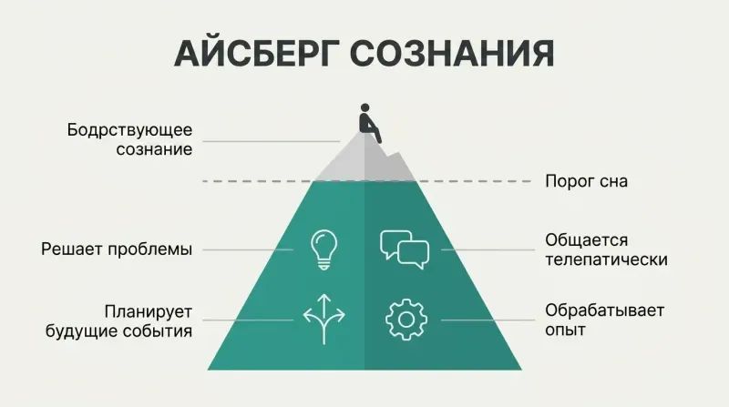Iceberg diagram showing waking awareness as a small tip above a waterline while vast sleeping consciousness containing creative activities fills the space below.