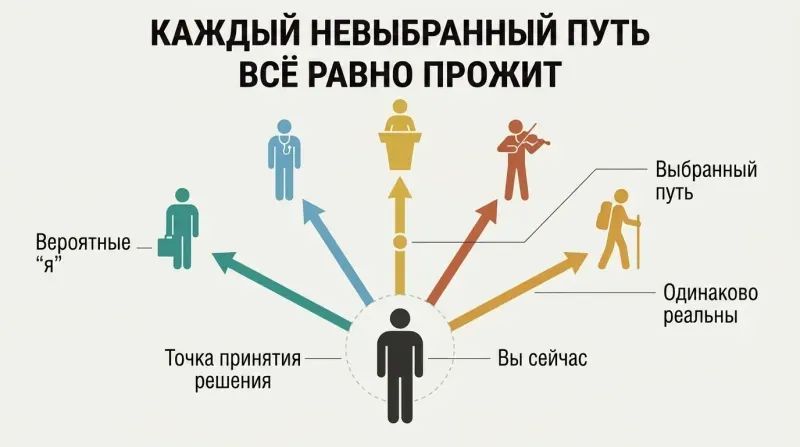 Central human silhouette radiating five equally solid branching paths outward, each ending in a different probable self, showing all choices play out in parallel realities.