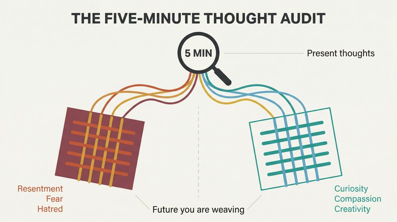 Fork diagram showing a thought audit at center splitting into negative threads weaving a dark fabric versus positive threads weaving a bright fabric of future existence.