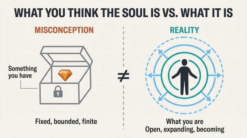 Split panel contrasting a small gem locked in a box on the left with expanding concentric energy rings radiating from a human figure on the right.