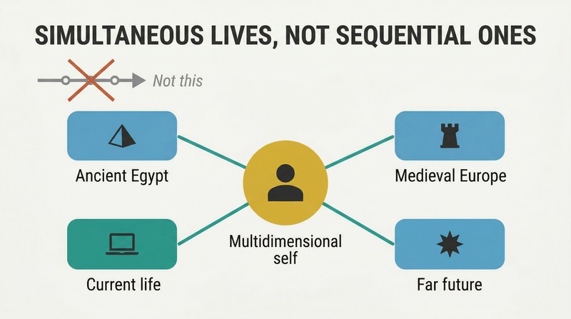 Hub-and-spoke diagram with a central self connected equally to four surrounding life-stages, contrasted against a crossed-out linear timeline.