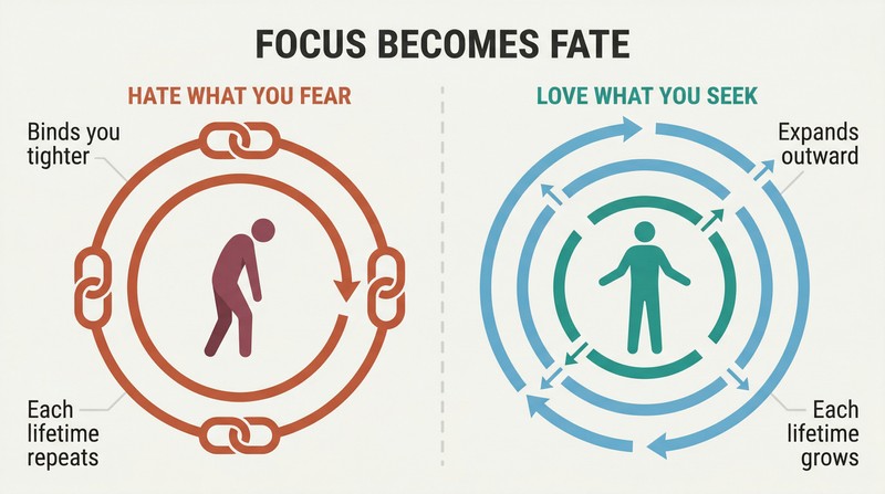 Split panel comparing a contracting hate loop that chains a figure to its object versus an expanding love loop that frees a figure outward.