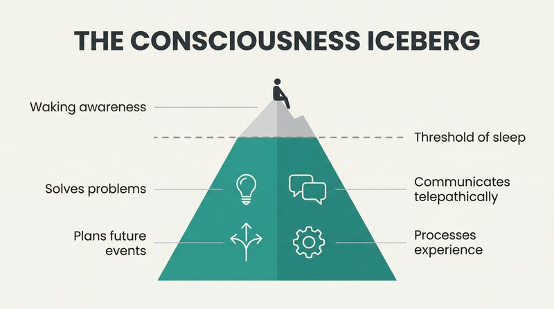 Iceberg diagram showing waking awareness as a small tip above a waterline while vast sleeping consciousness containing creative activities fills the space below.