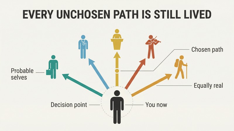 Central human silhouette radiating five equally solid branching paths outward, each ending in a different probable self, showing all choices play out in parallel realities.
