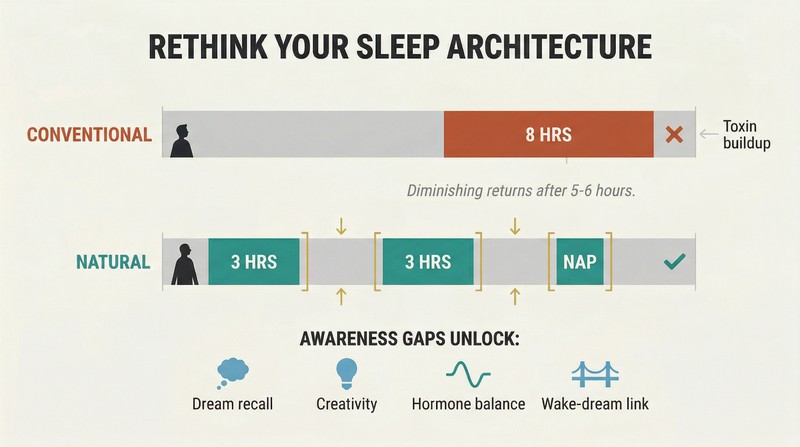 Two horizontal timelines comparing a single eight-hour sleep block against a distributed pattern of shorter sleep periods with awareness gaps highlighted between them.