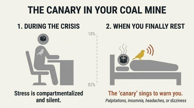 Split comparison diagram showing how stress is boxed up and silent during a crisis, but releases as physical warning symptoms like palpitations or insomnia once you finally stop to rest.