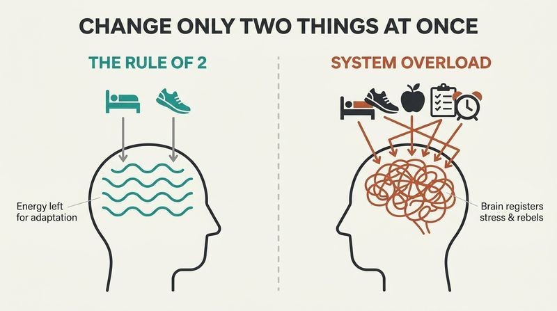 A split-panel diagram demonstrating how introducing a maximum of two changes allows the brain to adapt calmly, whereas introducing too many changes simultaneously triggers a chaotic stress response and system overload.