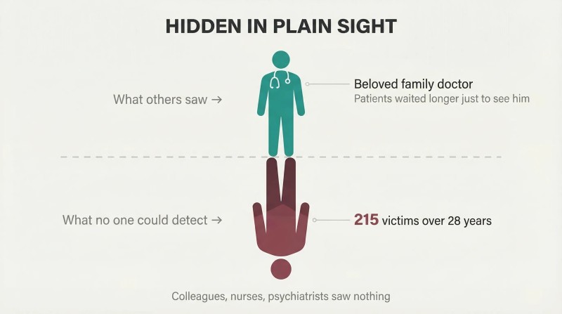 Iceberg-style diagram with a small trusted doctor silhouette above a waterline and a vastly larger dark shadow below, representing the undetectable psychopathic reality beneath a normal facade.